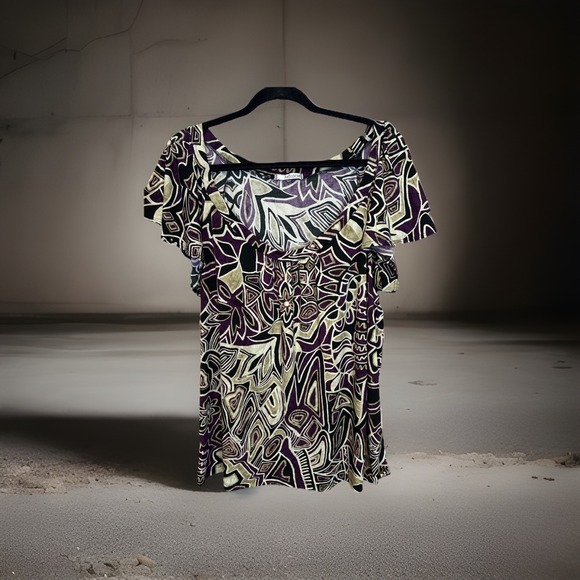 NIC&Dom Tops - NIC&DOM Abstract Print Top Purple Black Cream Stretch Short Sleeve Blouse
